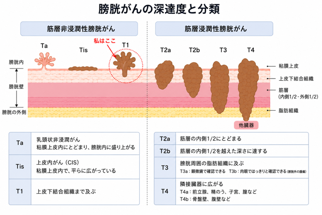 膀胱がんの深達度と分類を示す図。Ta・Tis・T1〜T4の各ステージを断面図と表で解説。T1は上皮下結合組織までにとどまり筋層には達していない。