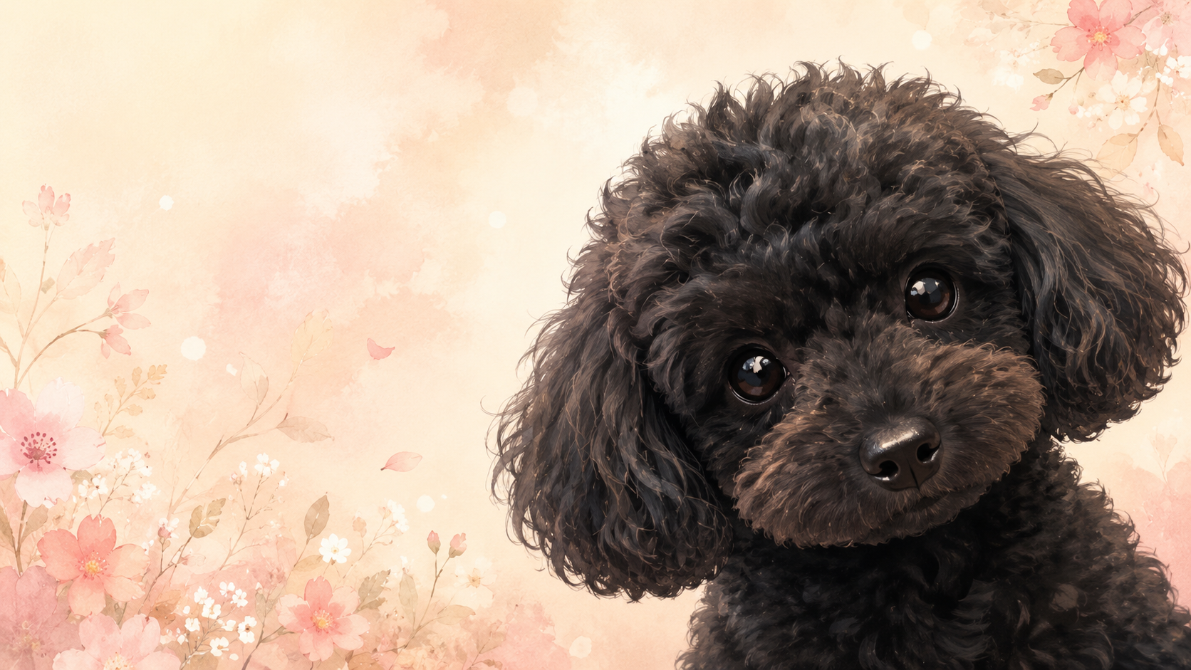 春の花を背景にした、黒いトイプードルのノアンのやさしいイラスト